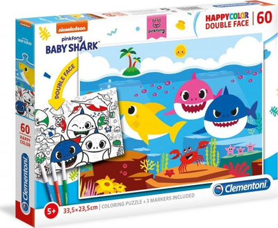 Puzzle Clementoni Baby Shark HappyColor, 60 copa, me dy anë për me i ly me bojë, shumëngjyrësh