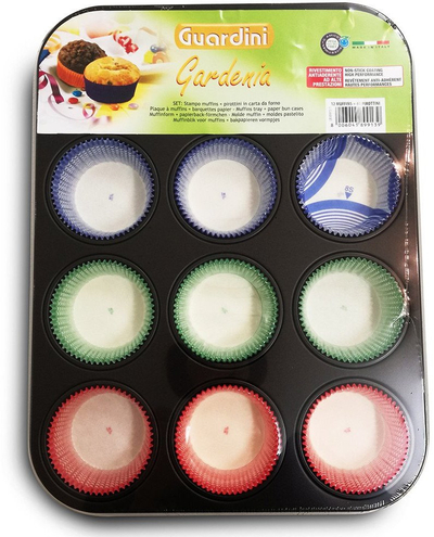 Tepsi për muffin GUARDINI, 12 vende, me 60 letra, e zezë