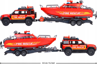 Set lodrash Majorette Land Rover Fire Rescue, varkë me rimorkio, me dritë edhe zë, i kuq