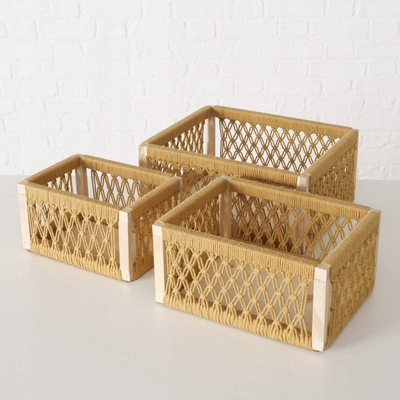 Set kuti për zbukurim Boltze Decorative Woven Wooden Box X3, dru bredhi, thurje pambuku, ngjyrë kremo