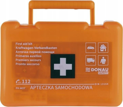 Komplet ndihme e parë për makinë DONAU SAFETY, standard DIN 13164, kuti plastike portokalli