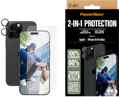 Заштитен сет PanzerGlass 2 во 1 за iPhone 16 Pro Max, заштитно стакло, задна маска, проѕирен