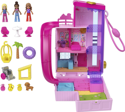 Shpi lodër kompakte Polly Pocket Barbie Dreamhouse, 3 mini kukulla, aksesore loje, rozë