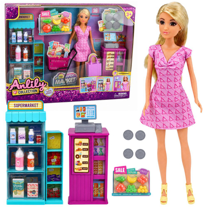 Set lodër LeanToys Anlily, supermarket me arkë, aksesorë dhe karrocë blerjesh, shumëngjyrësh