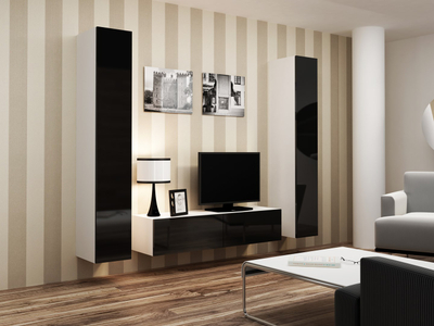 Komodë TV Cama Meble Vigo 140, 140 cm, me dyer, e bardhë e zezë me shkëlqim