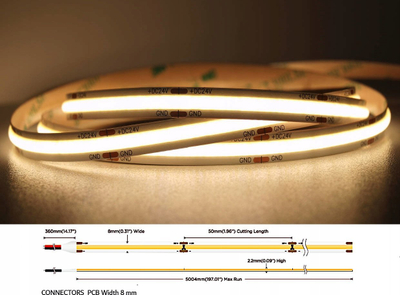 Shirit LED MW Lighting LED COB 24V, 8W m, 5 m, 3000K, i bardhë i ngrohtë