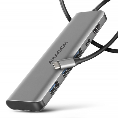 Hub USB C AXAGON HMC-5H, 3x USB A, HDMI 4K, PD 100W, argjendi
