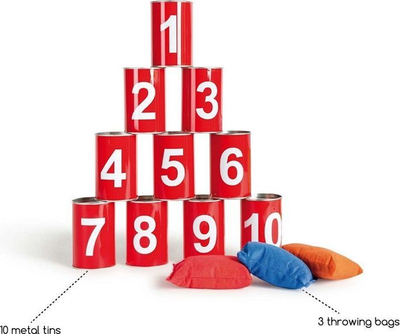 Lojë me hedhje BS Toys Tin Throwing, kanaçe metalike të kuqe, 3 qese hedhjeje, për kalamaj 3+