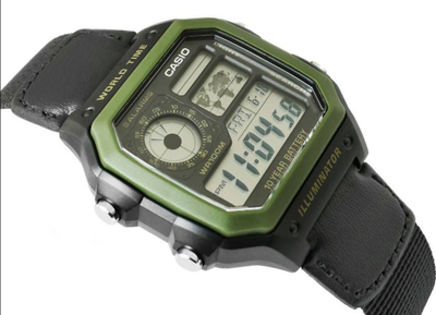 Ora digjitale Casio Youth Series AE1200WHB 1B World Time, mban ujë deri në 100m, me rrip prej pëlhure, e zezë