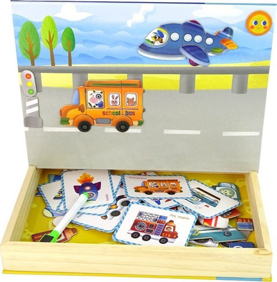 Libër magnetik puzzle LeanToys Transport Puzzles Cards, 56 elemente, me marker, shumëngjyrësh