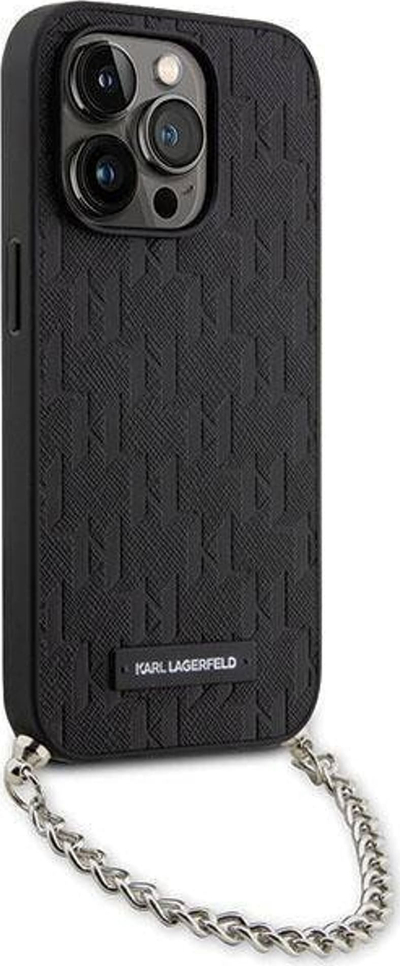 Kllëf telefoni Karl Lagerfeld Saffiano Monogram me zinxhir, për iPhone 14 Pro Max, i zi