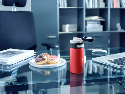Termos Leifheit Insulated Mug Flip 3245, 350 ml, plastikë dhe çelik inox, i kuq