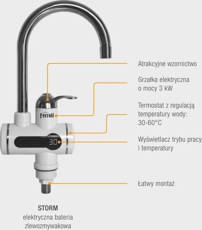 Rubinet kuzhine Ferroli Storm, ngrohës elektrik i menjëhershëm, gryke e lartë, i bardhë