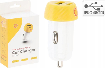 Полнач за автомобил Shell, 2x USB PD QC, бело и жолто