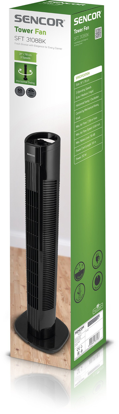 Ventilator kolonë Sencor SFT 3108BK, 50W, 3 shpejtësi, i zi