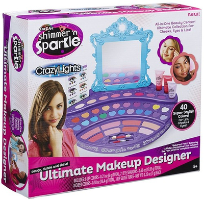 Set grimi për kalamaj Cra-Z-Art Shimmer 'N Sparkle Crazy Lights Ultimate Makeup Designer, pasqyrë me drita, shumëngjyrësh