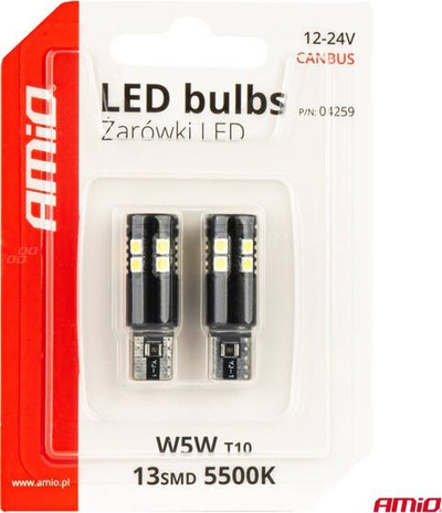 Llamba LED CANBUS AMiO 04259 T10 W5W, 13 SMD, 12V 24V, e bardhë