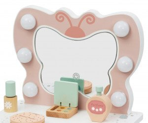 Дрвена тоалетна масичка за деца Tooky Toy TP528, со огледало и LED светилки, за на маса, шаренолика