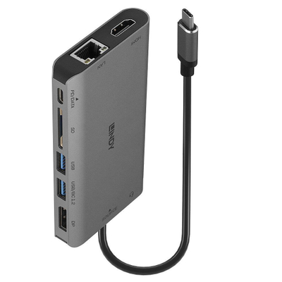Docking station Mini Lindy USB 3.2 Type C, 4K HDMI DP, PD 100W, Gigabit Ethernet, gri