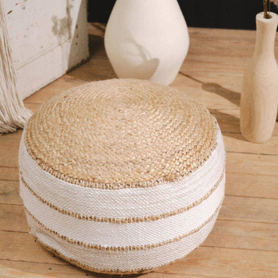 Puf i rrumbullt pambuku, 50 cm, me jute, bezhë natyrale