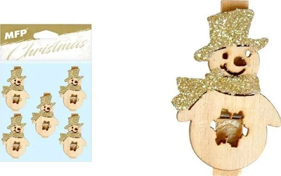 Kllipa druri dekorative MFP Snowman, 4.5 cm, set me 5 copë, ngjyrë druri natyrale me shkëlqim