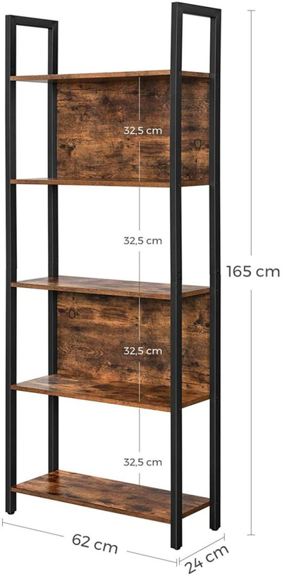 Raft librash Vasagle Shelf Bookcase LLS025B01V1, 5 rafte, dru rustik dhe metal, kornizë e zezë