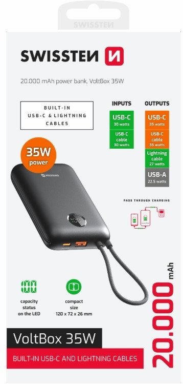 Надворешна батерија Swissten Voltbox 35W, 20000 mAh, кабел USB C и Lightning, црна