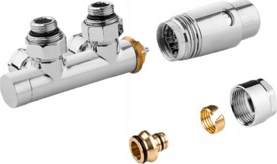 Set valvulash radiator Duoplex Chrome, termostatike, për tuba PEX 16 mm dhe bakri 15 mm, ngjyrë krom