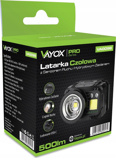 Фенер за на глава Vayox Headlamp Pro, LED Zум, USB C, црна