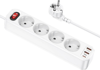 Продолжен приклучок Hoco Aura, 4 приклучни порти, 2x USB QC3.0 18W и Type C PD 20W, бел