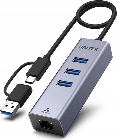 Hub USB C Unitek 4 në 1, 3 porta USB A 5 Gbps, Ethernet, gri