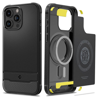 Mbështjellës për iPhone 15 Pro MaxSpigen Rugged Armor MagSafe, i zi