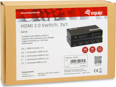 Ndërrues HDMI Equip 332725, 3x1, 4K 60Hz, i zi