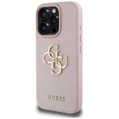 Kapak telefoni Guess Grained Big 4G Logo për iPhone 16 Pro, lëkurë eco, rozë