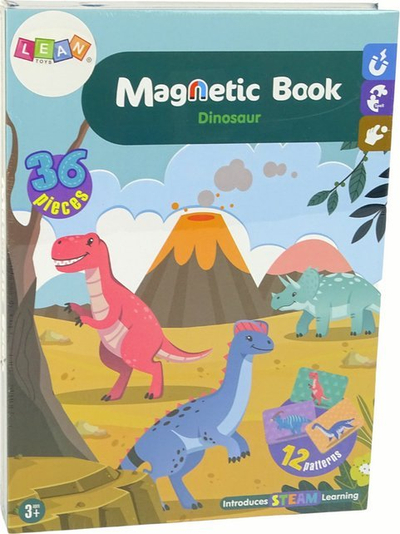 Libër magnetik Lean Toys Magnetic Book Dinosaur, 36 copa, edukativ për kalamajt 3+