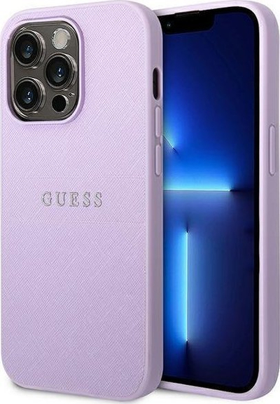 Kapak telefoni Guess Saffiano Metal Logo Stripes, për iPhone 14 Pro 6.1", lejla