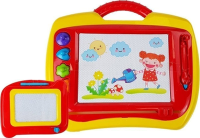 Табла за цртање LeanToys Funny Drawing Board 2 во 1, магнетна, сет со печати, црвена и жолта
