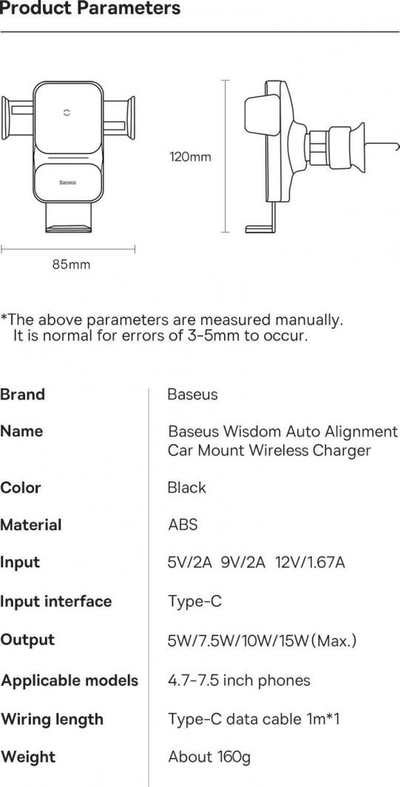 Mbajtëse telefoni për veturë Baseus Wisdom, karikim wireless 15W, montim në grilë ajri, e zezë