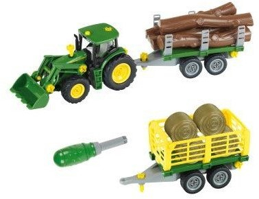Set lodër me traktor ndërtimi John Deere 6215R, me rimorkio bari edhe rimorkio shtylle, jeshil