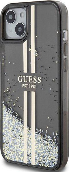 Kapak telefoni Guess Liquid Glitter Gold Stripes, për iPhone 15 14 13, i zi