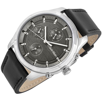 Ora burrash Calvin Klein Gents, 44mm, rrip lëkure, e zezë