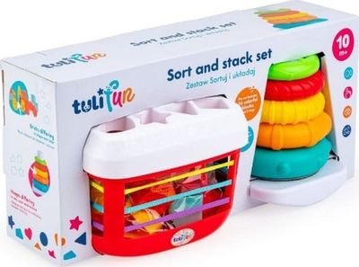 Lodër edukative Dumel Sort and Stack 30116, kosh sorter me blloqe, piramidë me unaza shumëngjyrëshe