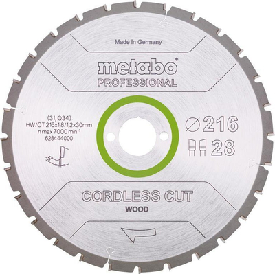 Teh rrethor Metabo Cordless Cut Wood 628444000, 216mm, 28 dhëmbë, i argjendtë