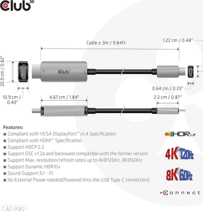 Kabllo USB-C në HDMI Club 3D CAC-1587, 3 m, 8K, gri