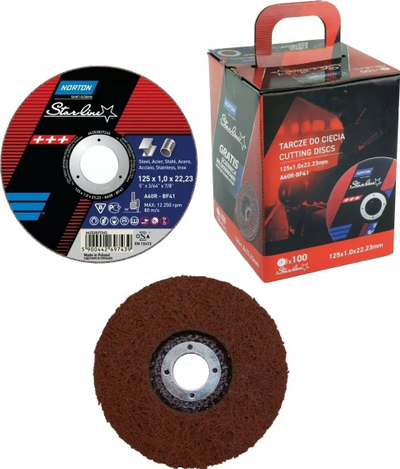 Set disqe prerëse Norton Shield Starline, 125mm, 100 copë në kovë, me rrotë bluarëse non woven