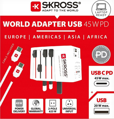 Adapter udhëtimi Skross MUV USB AC45PD, USB-C 45W PD, USB-A 20W, i bardhë