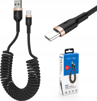 Kabllo USB-A në USB-C, spirale 1.5m, PD 3A, e zezë