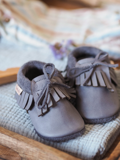 Këpucë bebe Baobaby Mokasine, lëkurë e butë, madhësia M, gri