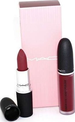 Set buzësh MAC Cosmetics Powder Kiss Like Mother, karmin dhe lipgloss, ngjyrë verë e kuqe