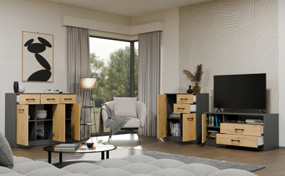 Kabinet TV SIMPLO 1D2S, 2 sirtarë, 1 derë, antracit me dekor oak artisan